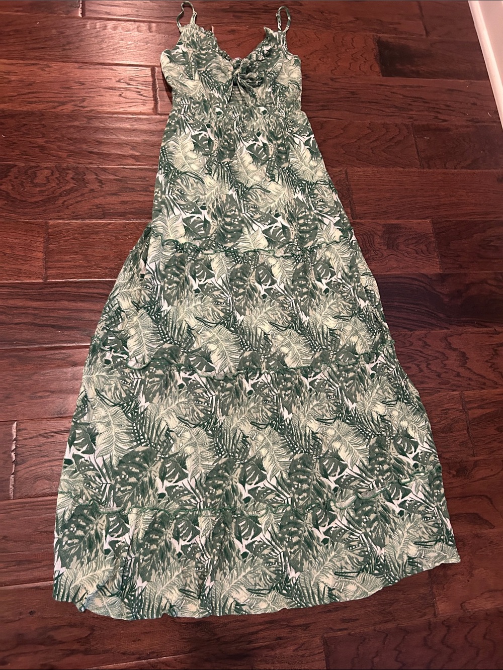 Justily Bohemian Green Halter Top Style Tropical Leaf Maxi Dress